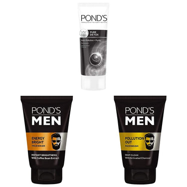 POND's Pure Detox Face Wash 200 g & POND's Men's  Energy Bright Face Wash Coffee Beans Bright Skin, 100g & Pond's  Men Pollution Out Activated Charcoal Deep Clean Facewash, 100 g